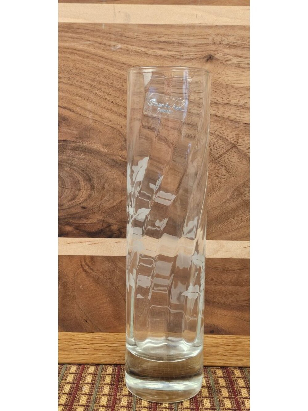 Pasabahce Turkey Vintage Tall Etched Clear Glass Vase With Floral Design 7.5 Inc